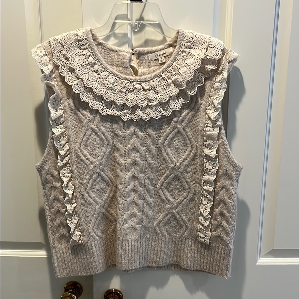 Oli & Hali Cream Sweater with Ruffle Shoulders and Cable Knit Design